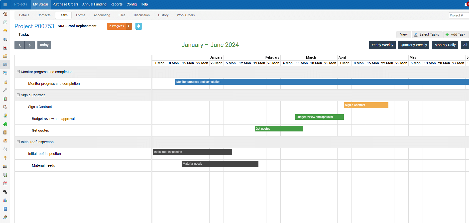 A screenshot of the Project Manager Module tracking spreadsheet with various tasks listed, each accompanied by a progress bar, dates, and status updates in a gantt chart format, spanning January to June 2014
