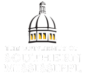 Logo of The University of Southern Mississippi. It features a white dome with yellow windows and the university name in white, bold text below the dome on a black background.