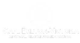 A circular logo depicting a stylized house, with "Cape Breton-Victoria" below it, and "Regional Centre for Education" underneath in white text on a black background.